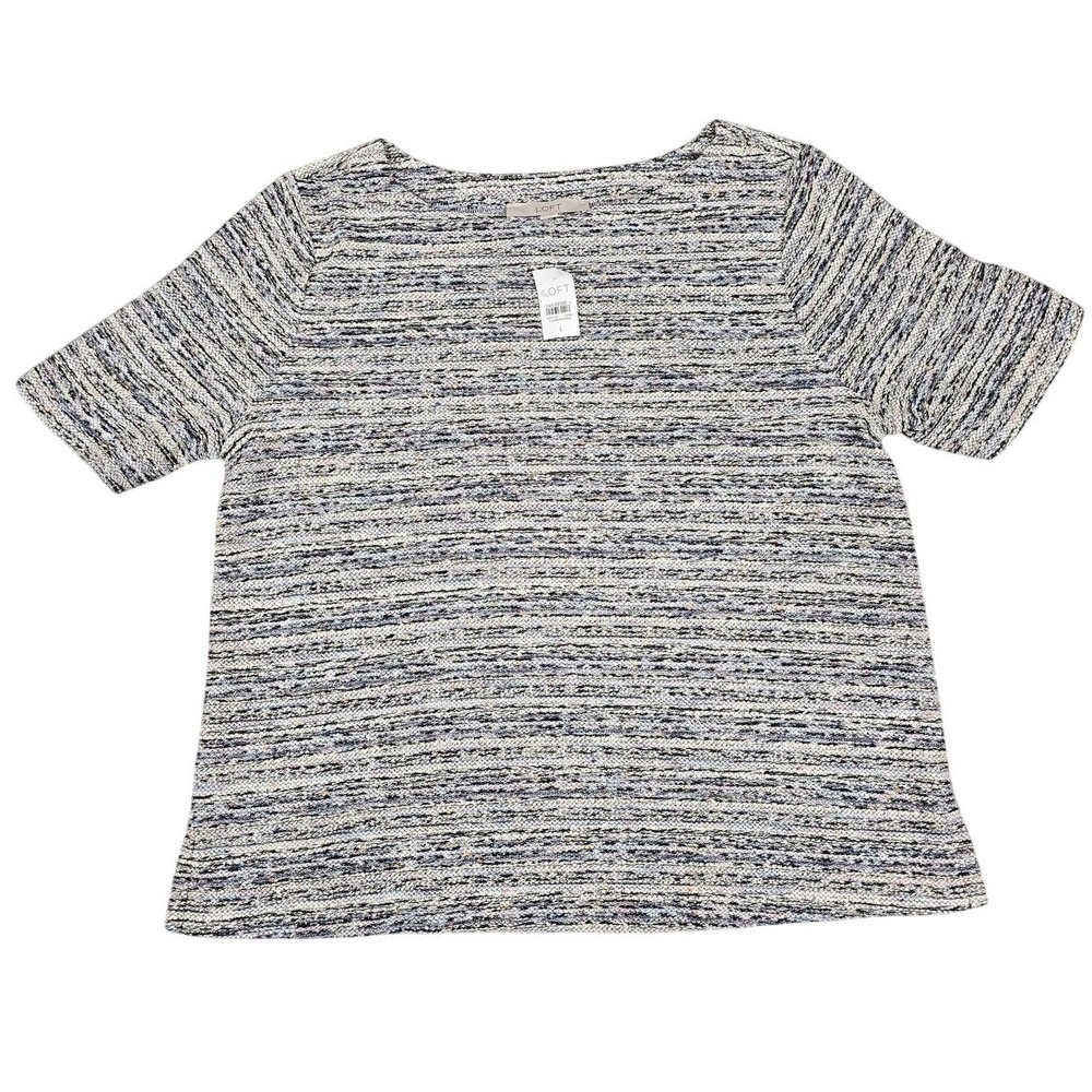 LOFT Sweater Womens L White Striped Chunky-Knit Short Sleeve Pullover Round Neck